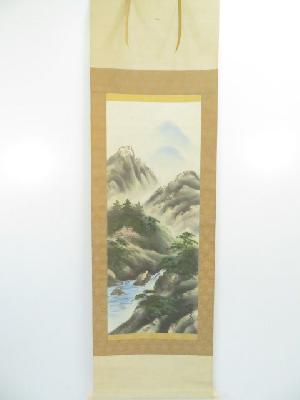 【書画】　日本画　富士谷鮮雲筆　彩色山水図　肉筆絹本掛軸（共箱）